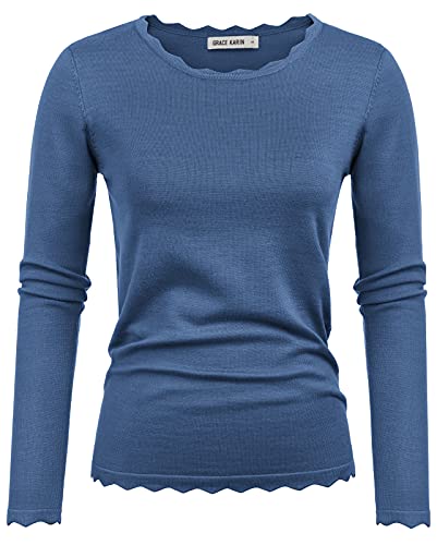 GRACE KARIN Damen Lässige Rundhals Sweater Slim Fit Strickpullover Elegant Spitzen Bluse Retro Einfarbige Langarmshirt Party Oberteile Blau XL von GRACE KARIN