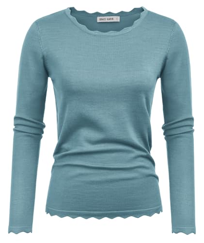 Damen Lässige Rundhals Sweater Slim Fit Strickpullover Elegant Spitzen Bluse Retro Einfarbige Langarmshirt Party Oberteile Graublaun XL von GRACE KARIN