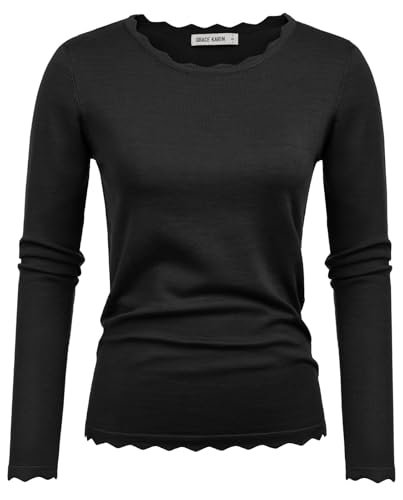 GRACE KARIN Damen Lässige Rundhals Sweater Slim Fit Strickpullover Elegant Spitzen Bluse Retro Einfarbige Langarmshirt Party Oberteile Schwarz XL von GRACE KARIN