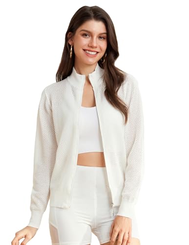 GRACE KARIN Damen Sommer Leichtgewicht Mesh Zip Cardigan Casual Langarm Jacke Weiß L von GRACE KARIN