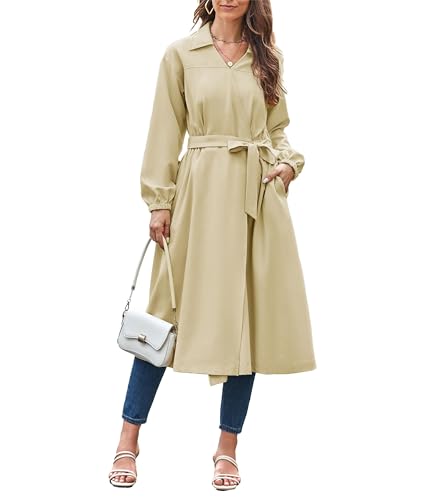 GRACE KARIN Damen Lässiges A-Linien Midi-Kleid Mit Taschen Lange Ärmel Blusenkleid mit V Ausschnitt Aprikose L von GRACE KARIN