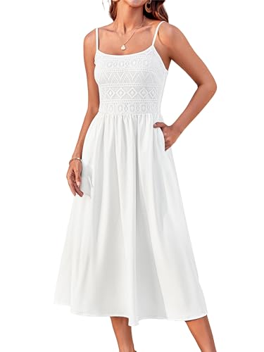 GRACE KARIN Damen Lässiges Midikleid Strapskleid Spitze Elegantes A-Linie Sommerkleid Weiß S von GRACE KARIN