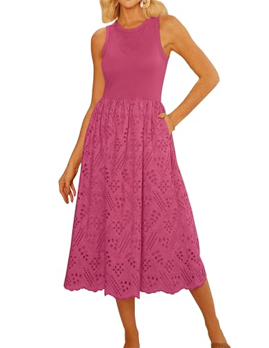 GRACE KARIN Damen Sommer Freizeitkleider Ärmelloses Tankkleid Fließendes Swing-Sonntagskleid mit Taschen Schlichter Rundhalsausschnitt Rose Rot L von GRACE KARIN