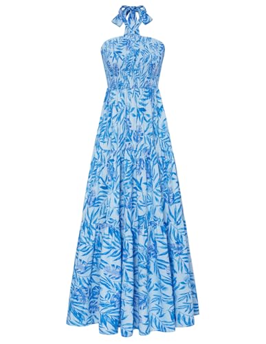 GRACE KARIN Damen Lässiges Strandkleid Ärmellos Sexy Sommerkleid Lang Blumen Boho Kleid Hohe Taille Rüschen Maxikleid Blau M von GRACE KARIN