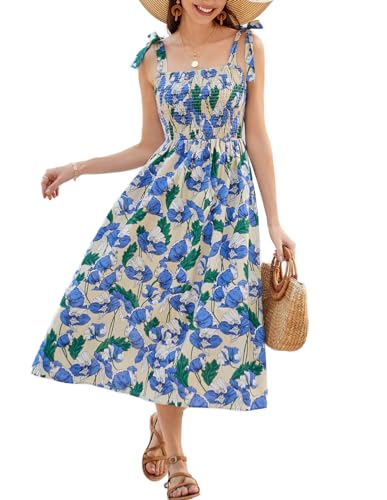 GRACE KARIN Damen Lang Lässig Strandkleid für Urlaub Sommer Leicht Freizeitkleid Ärmellos A-Linie Trägerkleid Blau Blumen XL von GRACE KARIN