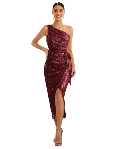 GRACE KARIN Damen Lang Paiiletten Abendkleid für Hochzeit Party Glitzerkleid mit Schlitz Weinrot XXL von GRACE KARIN