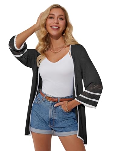 GRACE KARIN Damen Lang Strickjacke 3/4 Arm Sommer Cardigan Elegant Leicht Offen Vorne Casual Strickjacken Schwarz L von GRACE KARIN