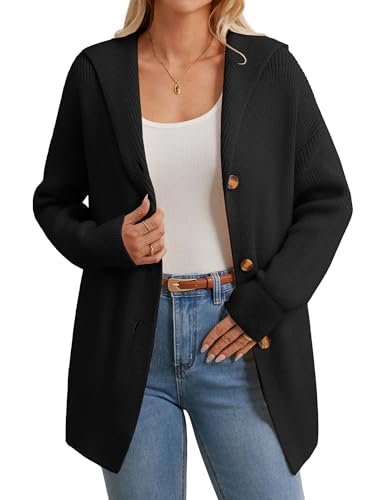 GRACE KARIN Damen Lang Strickjacke Herbst Casual Locker mit Kapuze Langarm Cardigan L Schwarz von GRACE KARIN