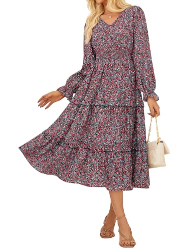 GRACE KARIN Damen Langarm A-Linie Blumenkleid V-Ausschnitt Freizeitkleid mit Tasche Rote Blumen XXL von GRACE KARIN