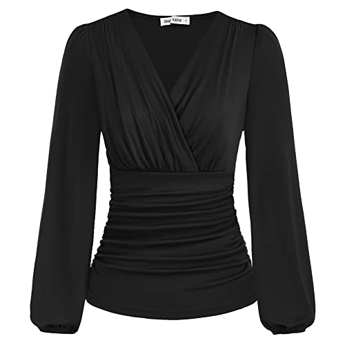 GRACE KARIN Damen Langarm Bluse Elegant Laterne Langarm Slim Fit Plissee-Tops Einfarbige Tunika Bluse Sexy Pullover CL1341A22-02_00S von GRACE KARIN