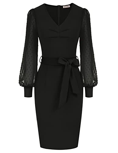 GRACE KARIN Damen Langarm Bodycon Bleistiftkleid Elegant Businesskleider Sexy Mesh Patchwork Cocktailkleid L von GRACE KARIN