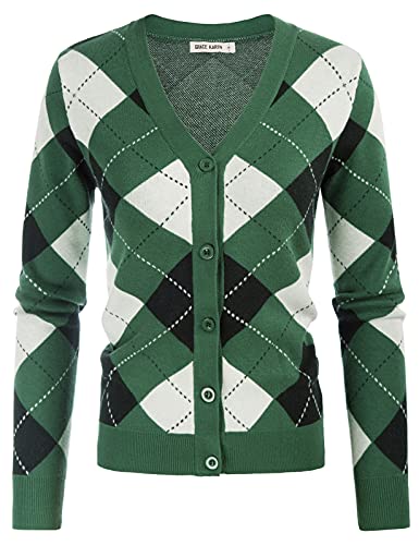 GRACE KARIN Damen Langarm Button Down Pullover Klassisch V-Ausschnitt Strickcardigan, Plaid Grün Weiß, XX-Large von GRACE KARIN