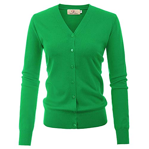 GRACE KARIN Damen Langarm Button Down Pullover Klassisch V-Ausschnitt Strickcardigan - Grün - Mittel von GRACE KARIN