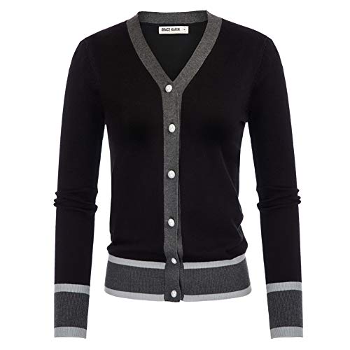GRACE KARIN Damen Langarm Button Down Pullover Klassisch V-Ausschnitt Strickcardigan - Schwarz - Groß von GRACE KARIN