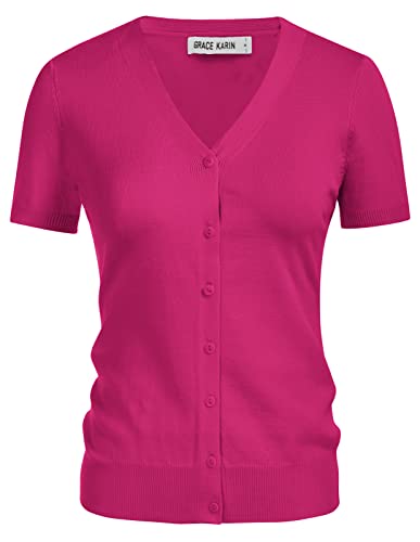 GRACE KARIN Damen Langarm Button Down Sweater Classic V-Ausschnitt Knit Cardigan, Knallpink (Hot Pink), X-Groß von GRACE KARIN