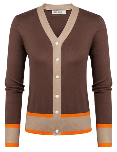GRACE KARIN Damen Langarm Button Down Sweater Classic V-Ausschnitt Knit Cardigan, Kontrast Braun, XX-Large von GRACE KARIN