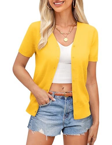 GRACE KARIN Damen Langarm Button Down Sweater Klassischer V-Ausschnitt Strickcardigan, Kurzarm Gelb, Groß von GRACE KARIN