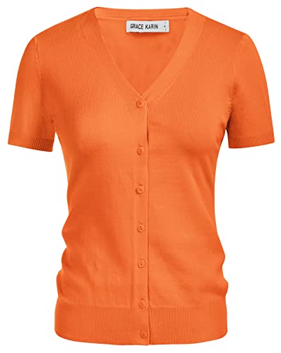 GRACE KARIN Damen Langarm Button Down Sweater Klassischer V-Ausschnitt Strickcardigan, Kurze Ärmel Orange, Klein von GRACE KARIN