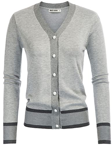 GRACE KARIN Damen Langarm Button Down Sweater Klassischer V-Ausschnitt Strickjacke, Contrast Grey, Mittel von GRACE KARIN