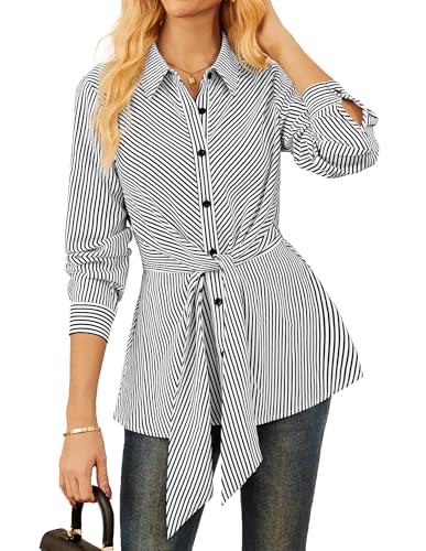 GRACE KARIN Damen Langarm Casual Streifen Bluse Slim Fit Taillierte Rüschen Bluse Knopfleiste Büro Oberteile Weiß M von GRACE KARIN