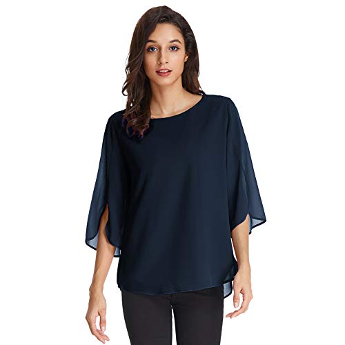 GRACE KARIN Damen Langarm Chiffon Tops Rundhals Lange Ärmel Oberteile Langarmshirt Casual Tshirt L Navyblau CLAF15-18 von GRACE KARIN