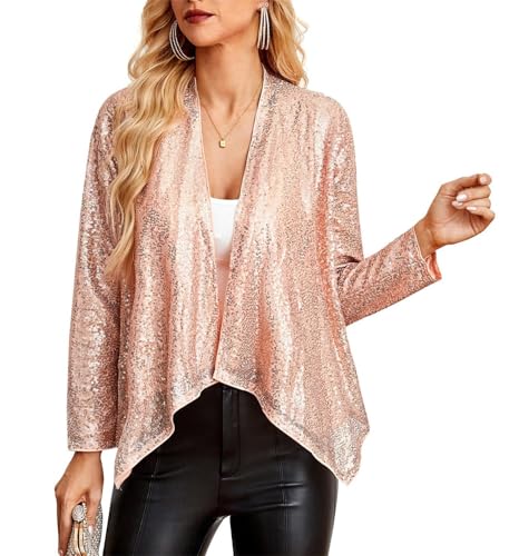 GRACE KARIN Damen Langarm Elegant Jacke Open Front Blazer Jacke Glitzer Pailletten Kimono Cover Up Vintage Shrug Hochzeit Brautjungfer Roségold XL von GRACE KARIN