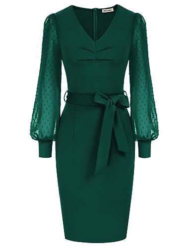 GRACE KARIN Damen Langarm Etuikleid Vintage Retro Bleistiftkleid Einfarbig Langarm Cocktailkleid Basic Business Kleid Dunkelgrün S von GRACE KARIN