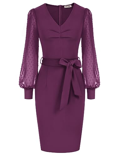 GRACE KARIN Damen Langarm Etuikleid Vintage Retro Bleistiftkleid Einfarbig Langarm Cocktailkleid Business Violett S von GRACE KARIN