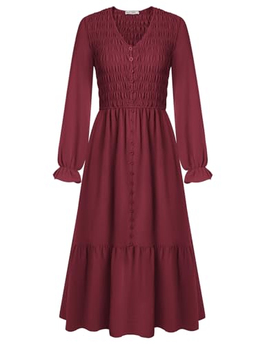GRACE KARIN Damen Langarm Freizeitkleid Gesmokt Lässige V-Ausschnitt Kleid A-Linie Rüschen Maxikleid von GRACE KARIN