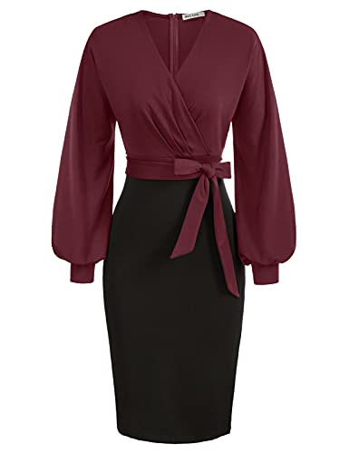 GRACE KARIN Damen Langarm HIPS-Wrapped Kleid Arbeit Bodycon Hochzeit Gast Büro Kleider V-Ausschnitt Abendkleid mit Gürtel XL Weinrot-schwarz CL0761S21-04 von GRACE KARIN