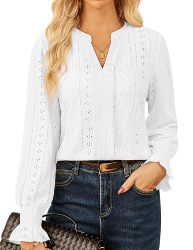 GRACE KARIN Damen Langarm Henley Tops V-Ausschnitt Strukturierte Atmungsaktive Casual Bluse Tunika Weiß XXL von GRACE KARIN