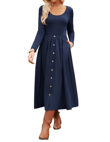 GRACE KARIN Damen Langarm Kleid Einfarbig U-Ausschnitt Midikleid Marineblau XL von GRACE KARIN