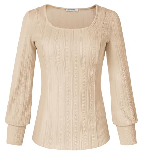 GRACE KARIN Damen Herbst Sweateshirt Elegant Slim Fit Laternenärmel Strickpullover M Aprikose von GRACE KARIN