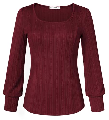 GRACE KARIN Damen Herbst Sweateshirt Elegant Slim Fit Laternenärmel Strickpullover M Weinrot von GRACE KARIN