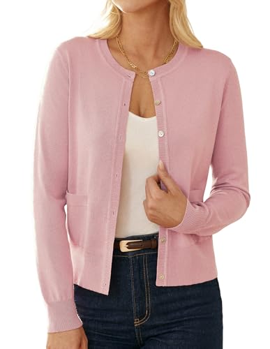 GRACE KARIN Damen Langarm Strickjacke Casual Rundhals Open Front Kurz Cardigan Leicht Bolero mit Knopf Rosa L von GRACE KARIN