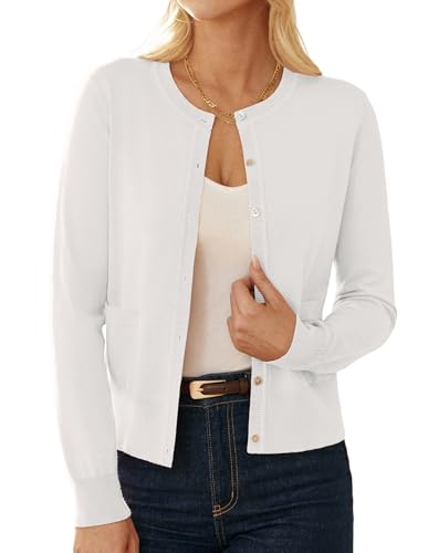 GRACE KARIN Damen Langarm Strickjacke Elegant Rundhals Open Front Leichte Cardigan Basic Bolero mit Tasche Weiß XL von GRACE KARIN