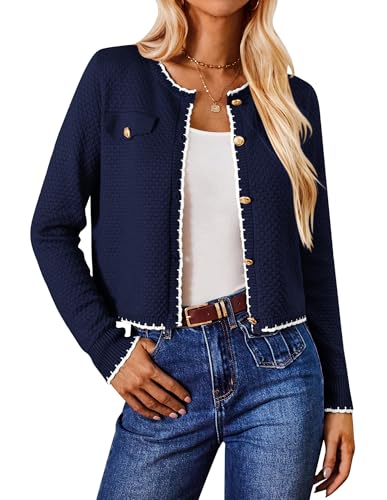 GRACE KARIN Damen Langarm Strickjacke Elegante Knopfleiste Jacke Vintage Cardiagn mit Taschenklappen Casual Outwear Dunkelblau L von GRACE KARIN