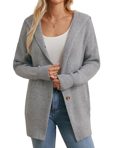 GRACE KARIN Damen Langarm Strickjacke Herbst Elegant mit Kapuze Open Front Pullover XL Hellgrau von GRACE KARIN