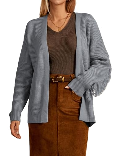 GRACE KARIN Damen Langarm Strickjacke Lang Leicht Cardigan Mit Fransen Casual Strickmantel Hell Grau XXL von GRACE KARIN
