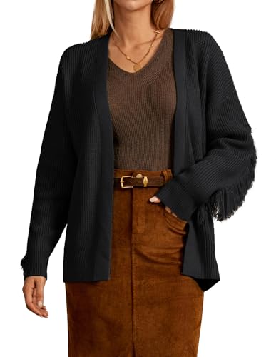 GRACE KARIN Damen Langarm Strickjacke Lang Leicht Cardigan Mit Fransen Casual Strickmantel Schwarz XXL von GRACE KARIN