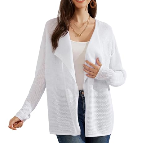 GRACE KARIN Damen Langarm Strickjacke Mit Reverskragen Cardigan Casual Ausgehöhlt Strickmantel Weiß L von GRACE KARIN