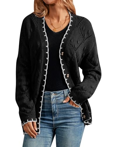 GRACE KARIN Damen Langarm Strickjacke Open Front Cardigan Mit Knöpfen V-Ausschnitt Strickpullover Schwarz M von GRACE KARIN