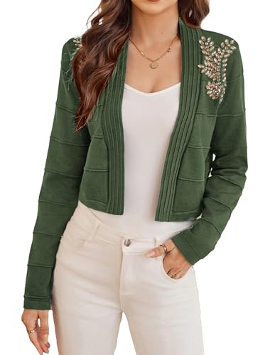 GRACE KARIN Damen Langarm V-Ausschnitt Cardigan Rhinestones Bolero Strickjacke Open Front Cropped Sweater S Armeegrün CL2457A23-07 von GRACE KARIN