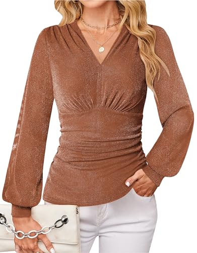 GRACE KARIN Damen Langarm V-Ausschnitt Wickeltop Elegant Geraffte Bluse Abend Party formelle Kleidung, Braun, X-Groß von GRACE KARIN