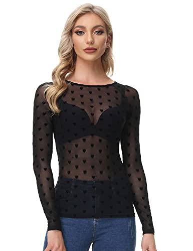 GRACE KARIN Damen Langarmshirt Leichtes Transparent Tüll Mesh Bluse Casual Sommer Tops S Schwarz-Heart CL011046-23 von GRACE KARIN