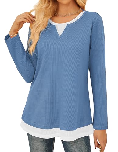 GRACE KARIN Damen Langarmshirt Oberteil Shirt Elegant Pullover Locker Herbst Basic Tops Blau S von GRACE KARIN