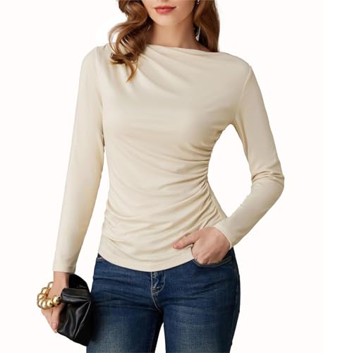 GRACE KARIN Damen Langarmshirt Tunika Basic Top Lässige Oberteile Mit U Boot Ausschnitt Aprikose XXL von GRACE KARIN