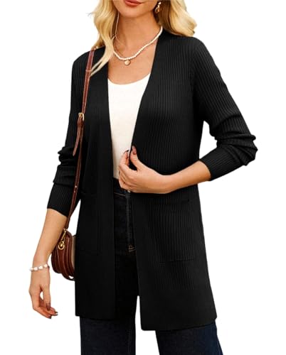 GRACE KARIN Damen Lange Ärmel Offene Strickjacke Lang Strickmantel Casual Elastische Cardigan mit Taschen Schwarz XXL von GRACE KARIN