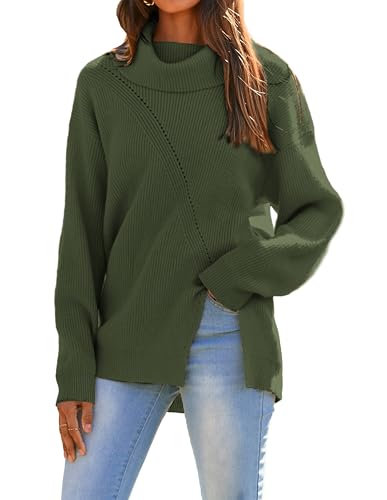 GRACE KARIN Damen Lange Ärmel Strickpullover Mit Rollkragen Drapierter Hals Pullover Armee Grün XL von GRACE KARIN