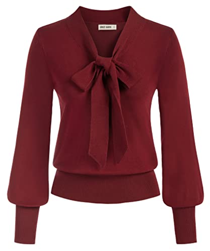 GRACE KARIN Damen Lange Ärmel mit Bow-Knot Gestrickte Pullover Business OL Gestrickte Pullover Winerot XL von GRACE KARIN